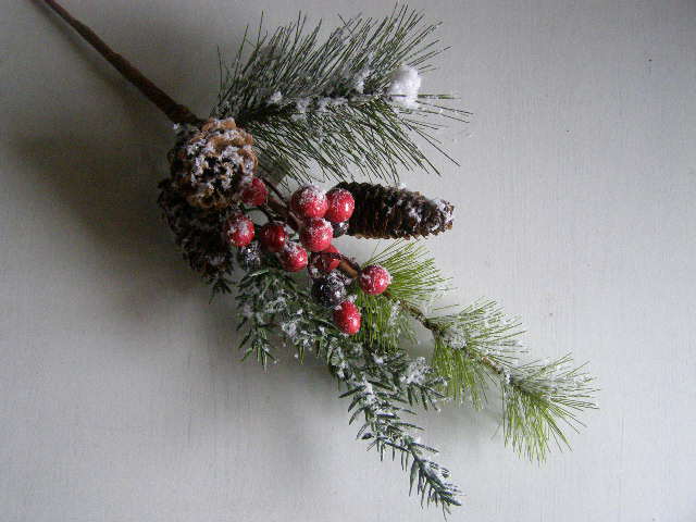  zasněžená větev s bobulemi a šiškami