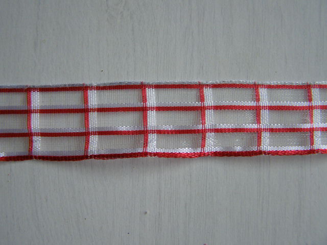 monofilová stuha - 25 mm - mřížka červenobílá