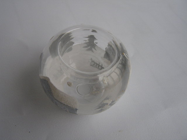 svícen na čajovku - čiré sklo s bílostříbrnou zimní malbou