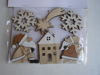 dřevo sada - vločky, kometa, Santa, domek
